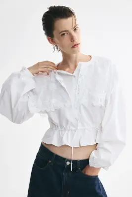 Blouse en coton avec dentelle - Blanc — photo 2