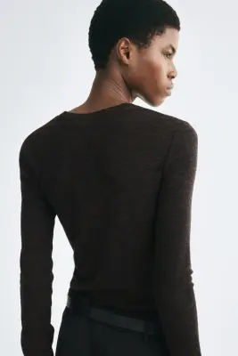 Top en maille de laine fine - Marron foncé — photo 3