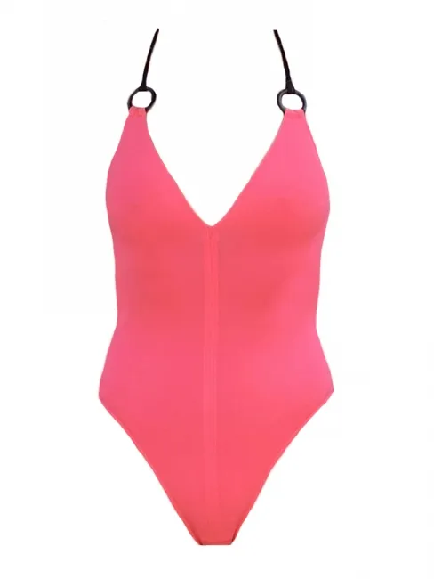 Maillot de bain une pièce BAHIA rose bretelles croisées noires NEUF Prix boutique 325€ Taille 34