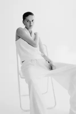 Pantalon texturé avec cordon de serrage - Crème — photo 2