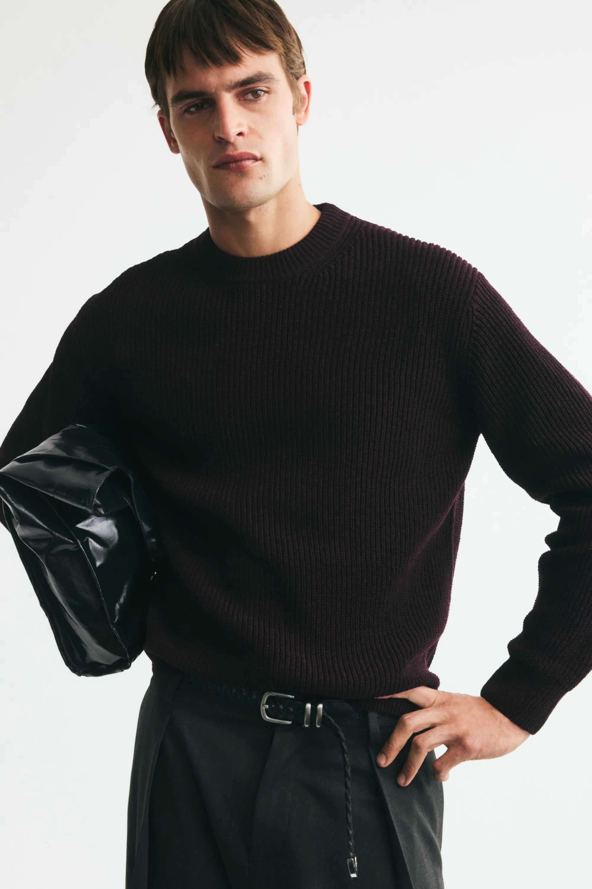 Pull Relaxed Fit en maille côtelée - Violet foncé