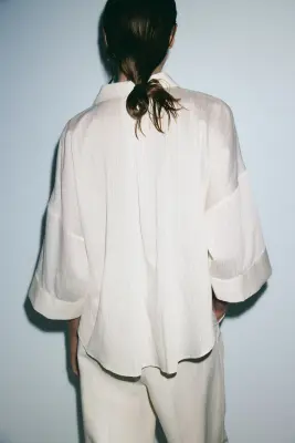 Chemise oversize en viscose mélangée - Crème/rayures tennis — photo 3