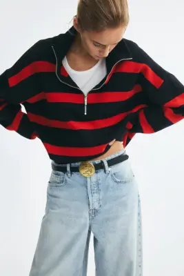 Pull à col zippé - Bleu marine/rayé — photo 5