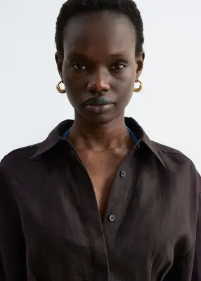 Chemise en lin plissée à la taille - Marron foncé — photo 2