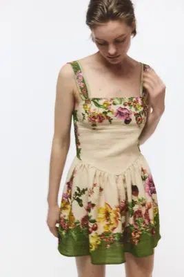 Robe avec jupe évasée - Beige clair/fleuri — photo 1