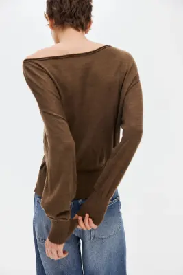 Top asymétrique en maille fine - Marron — photo 2
