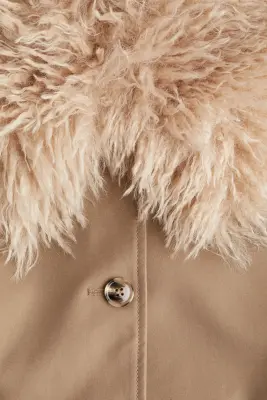 Manteau en twill avec col duveteux - Beige — photo 1