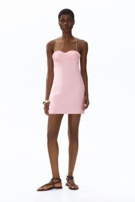 Robe à bretelles fines en lin mélangé - Rose clair — photo 2