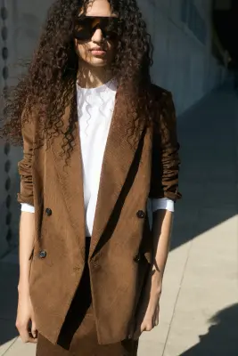 Blazer à fermeture croisée en velours côtelé - Vert kaki foncé — photo 1