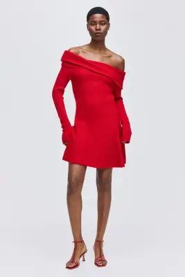 Robe épaules nues en maille côtelée - Rouge — photo 1