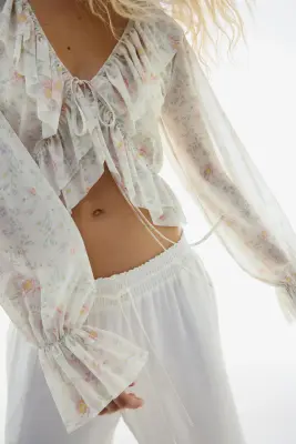 Blouse volantée en mesh - Blanc/fleuri — photo 1