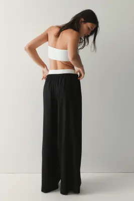 Pantalon large en lin mélangé - Noir — photo 1