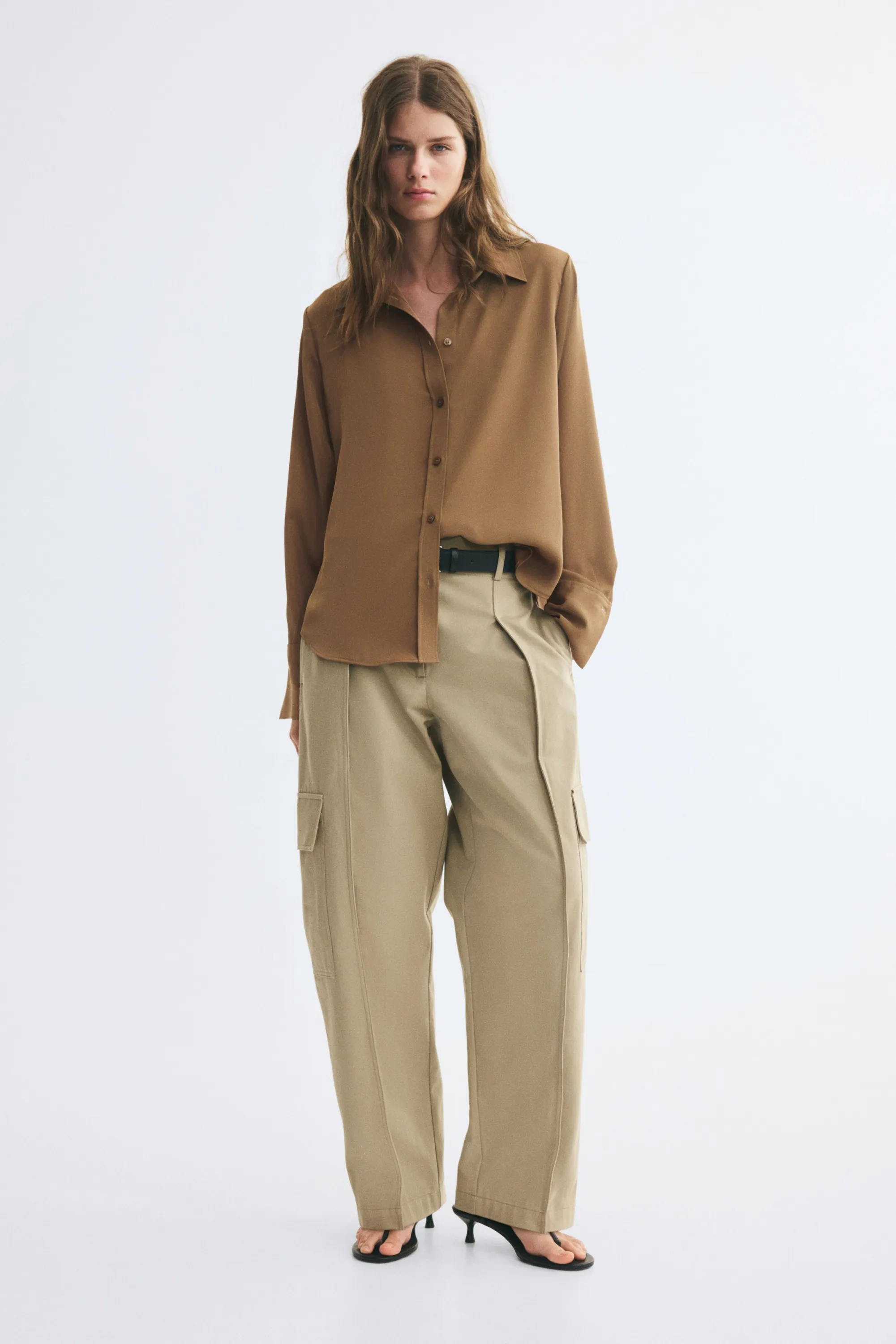 Chemise à manches longues en satin - Beige foncé