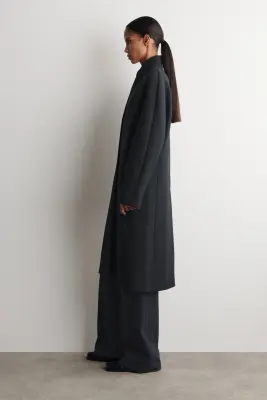 MANTEAU SANS COL EN SERGÉ DE LAINE - GRIS FONCÉ — photo 2