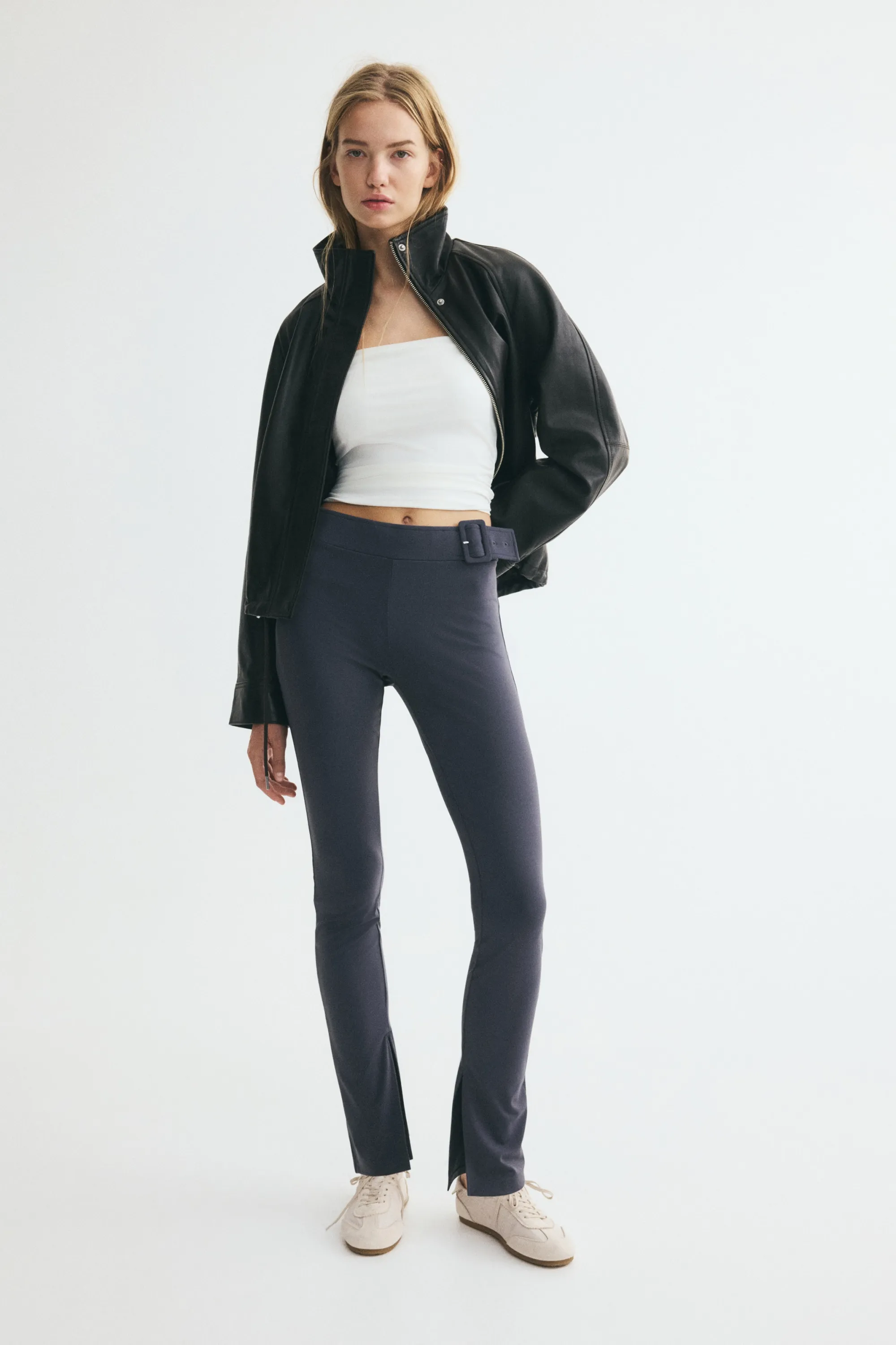Pantalon en nylon avec détail de ceinture - Bleu foncé