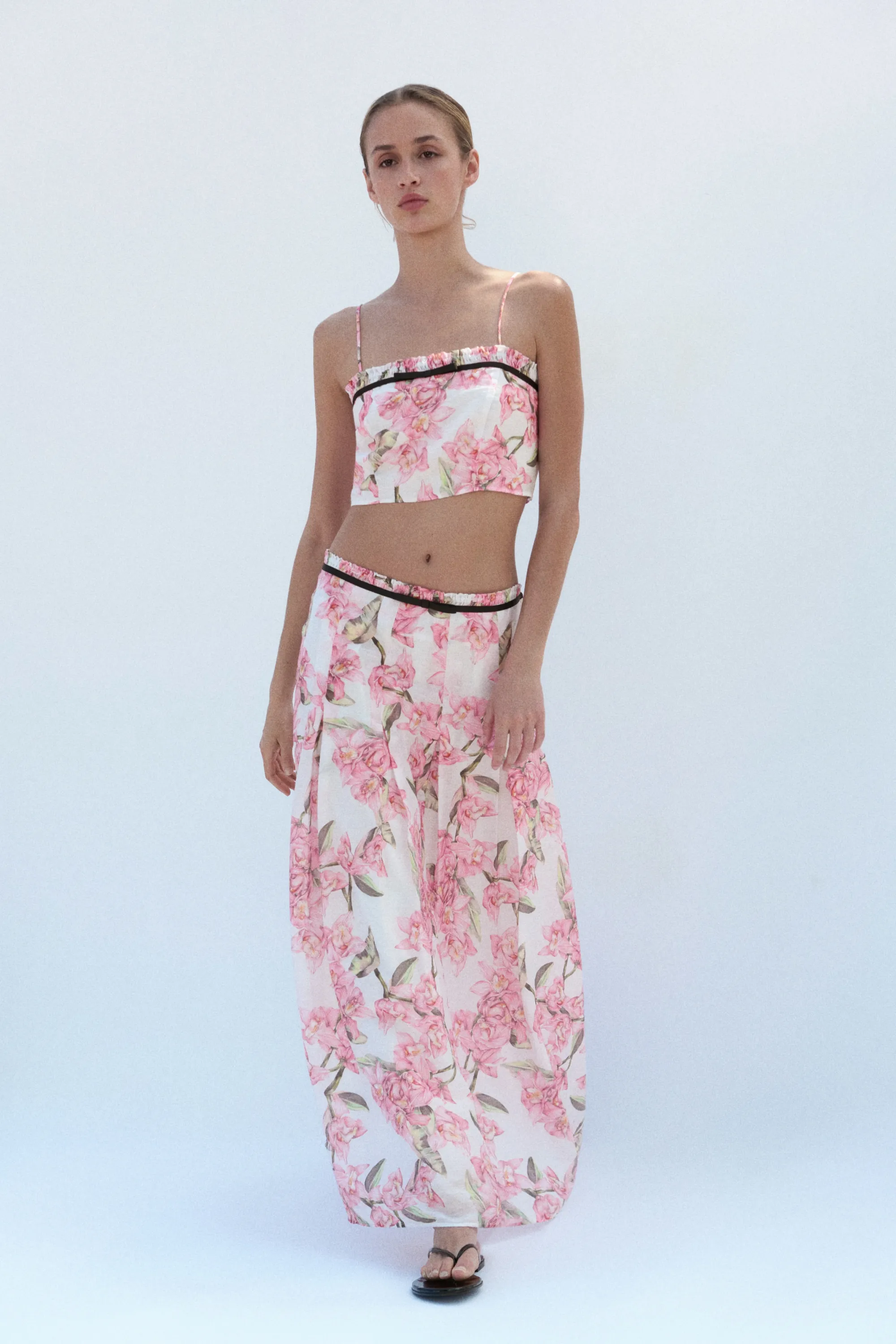 Crop top en lin mélangé - Ivoire/fleuri