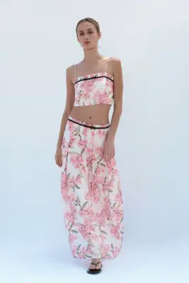 Crop top en lin mélangé - Ivoire/fleuri — photo 1