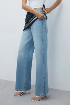 Straight High Waist Jeans avec foulard - Bleu denim clair/bleu marine — photo 2