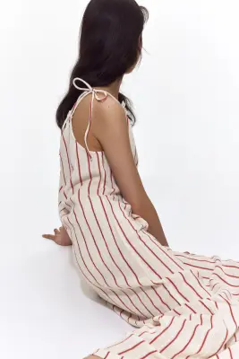 Robe froissée avec bretelles à nouer - Crème/rayé — photo 2