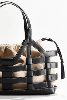 Grand tote bag avec cordon de serrage - Noir/beige clair — photo 2