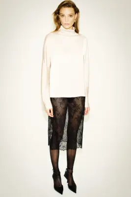 Top en satin avec col cheminée - Beige clair — photo 3
