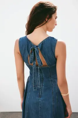 Robe en twill avec jupe évasée - Bleu denim — photo 2