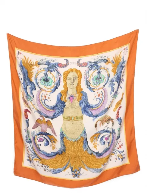 Foulard par FR FACONNET dieu CERES bleu orange rose violet orange Prix boutique 530€ Taille 90 x 90