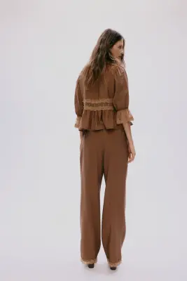 Pantalon avec cordon de serrage et dentelle - Marron — photo 2