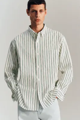 CHEMISE OVERSIZE EN POPELINE RAYÉE - BLANC / VERT / RAYÉ — photo 3