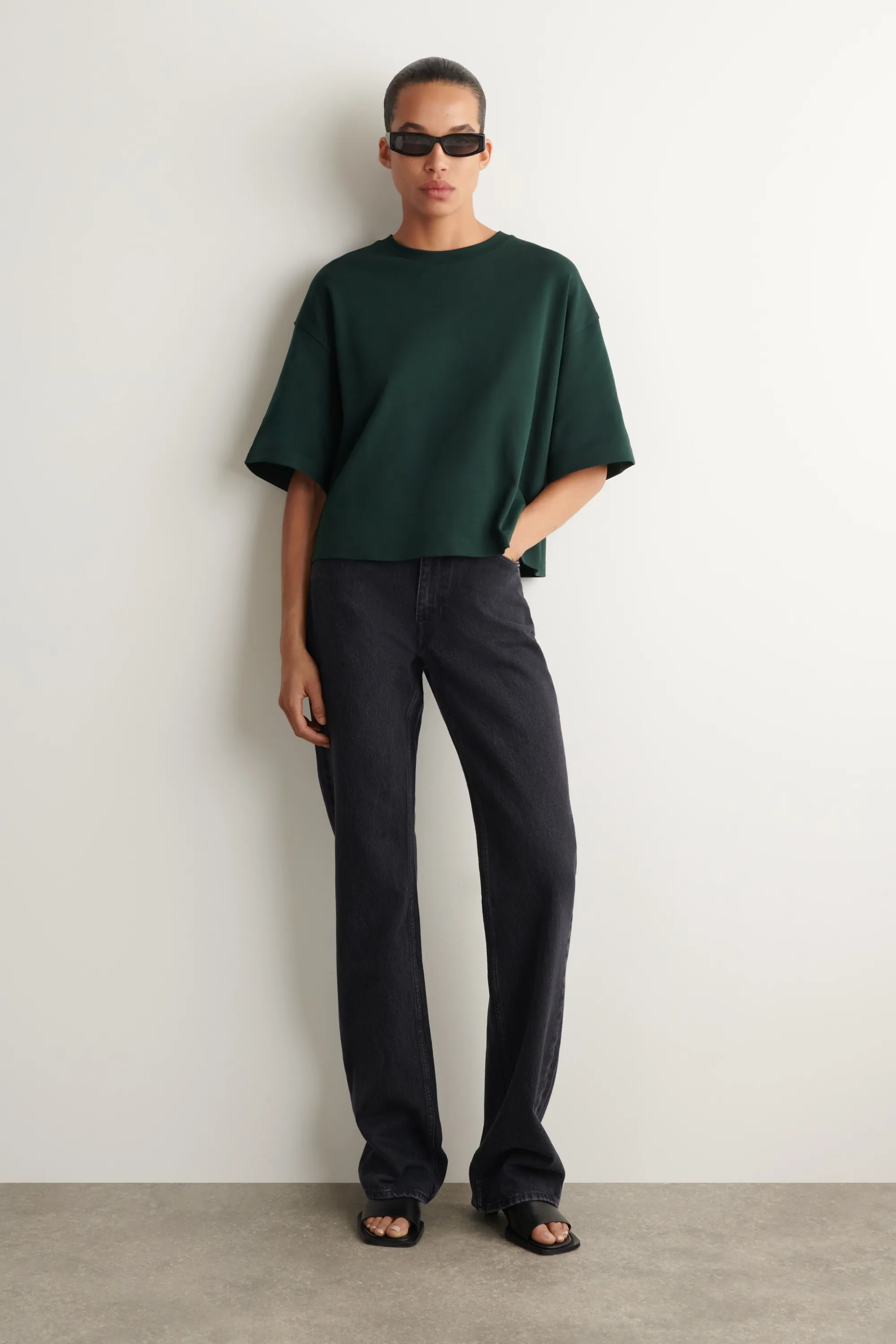 T-SHIRT OVERSIZE SILHOUETTE CARRÉE EN COTON - VERT FONCÉ