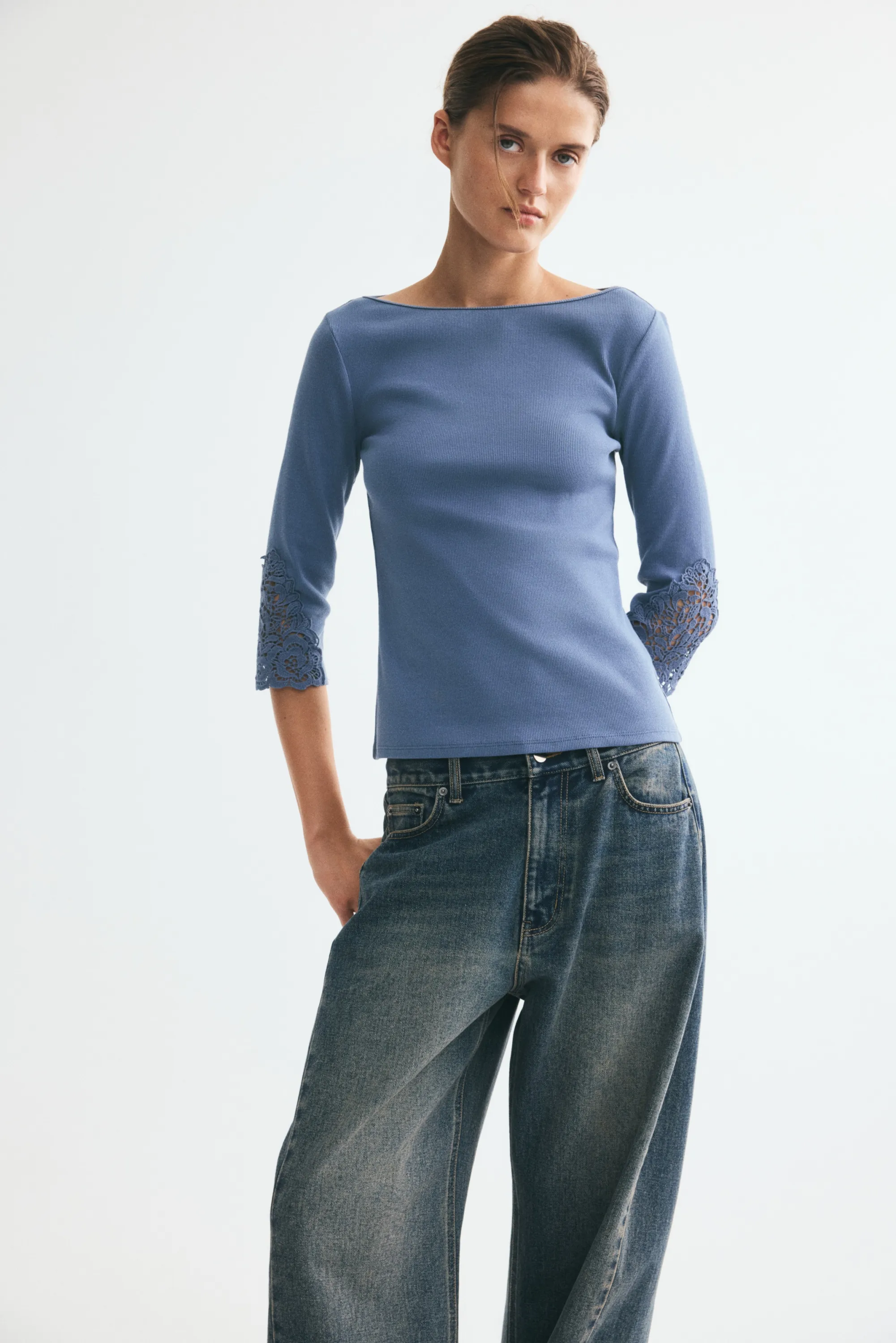 Top à encolure bateau avec dentelle - Bleu ancien foncé