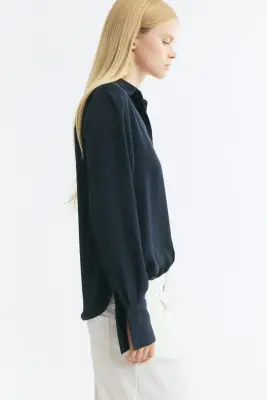 Chemise à manches longues en satin - Bleu foncé — photo 3