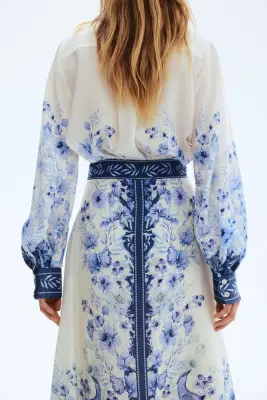 Jupe maxi en lin mélangé - Crème/bleu/fleuri — photo 2