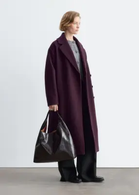 Manteau volumineux en laine avec ceinture - Violet foncé — photo 5