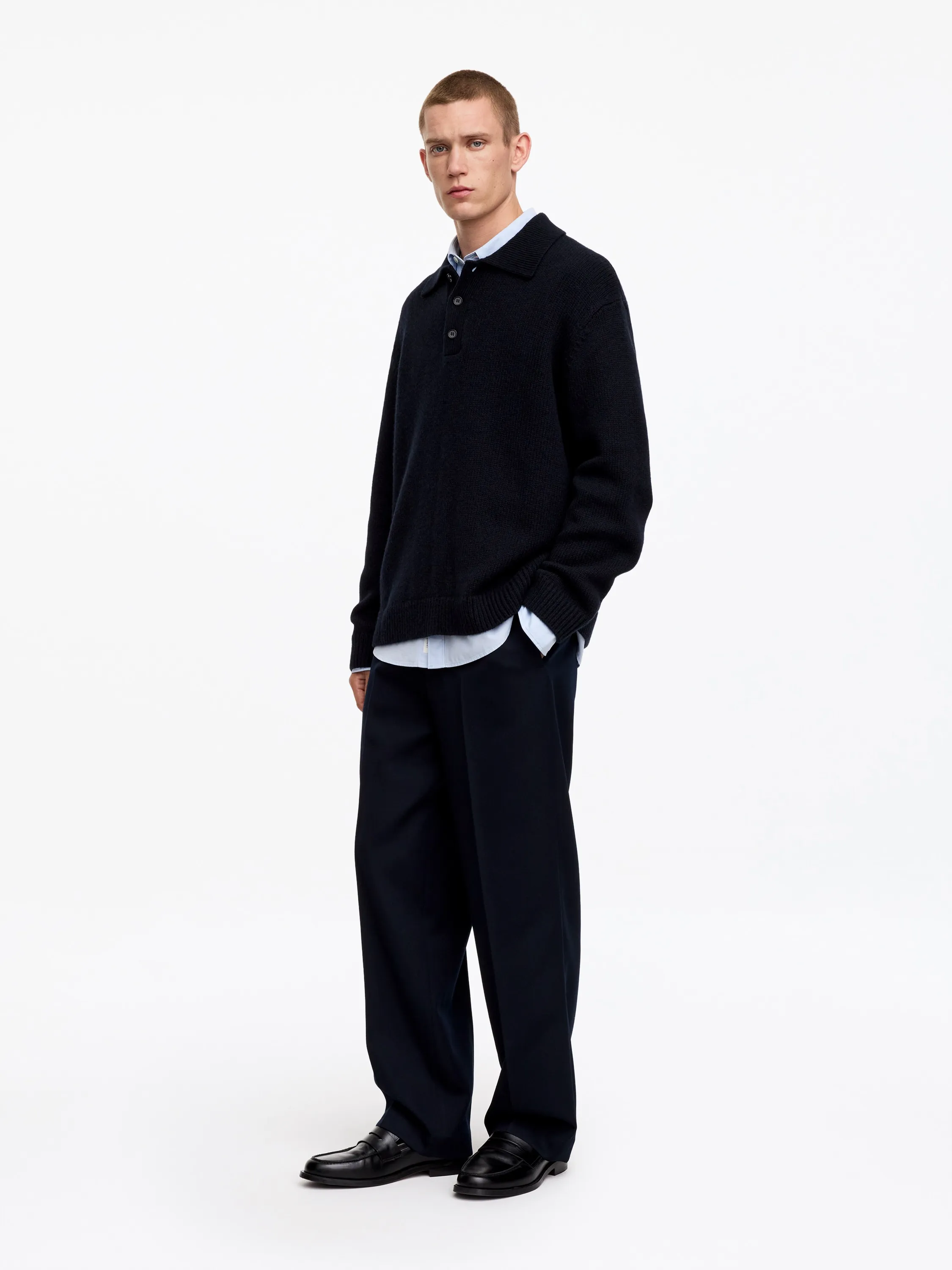 Pull polo en laine - Bleu foncé