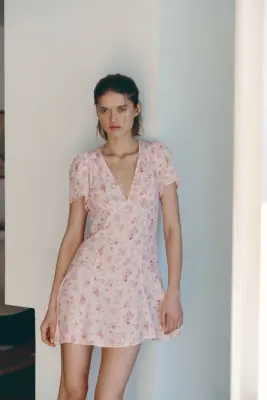 Robe en viscose avec jupe évasée - Rose clair/fleuri — photo 1