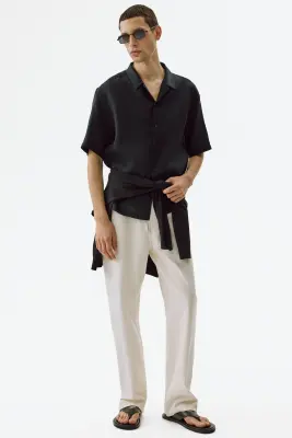 Chemise Relaxed Fit en lin avec col cubain - Bleu marine — photo 2