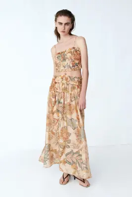 Jupe évasée avec détail smocké - Beige/fleuri — photo 1