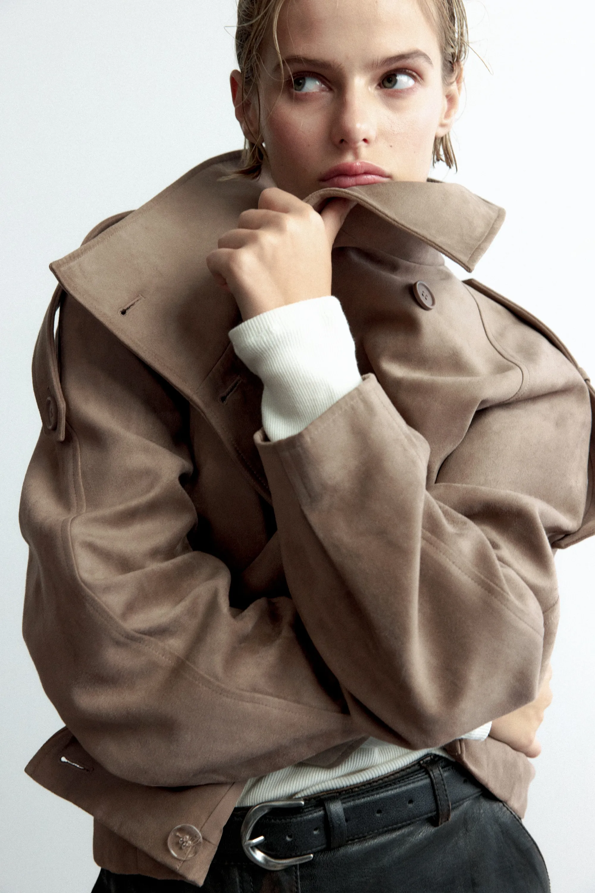 Veste à fermeture croisée avec col entonnoir - Taupe