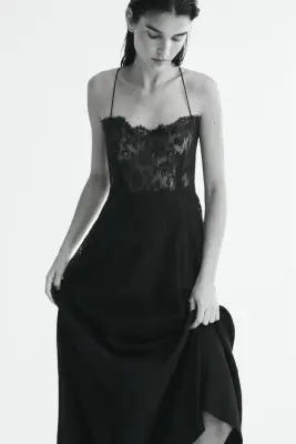 Robe bi-matière à bretelles fines - Noir — photo 2