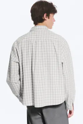 Chemise carrée à manches longues en popeline de coton - À carreaux beige cendré clair — photo 2
