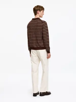 Pull polo en laine mérinos - Marron/Rayures — photo 2