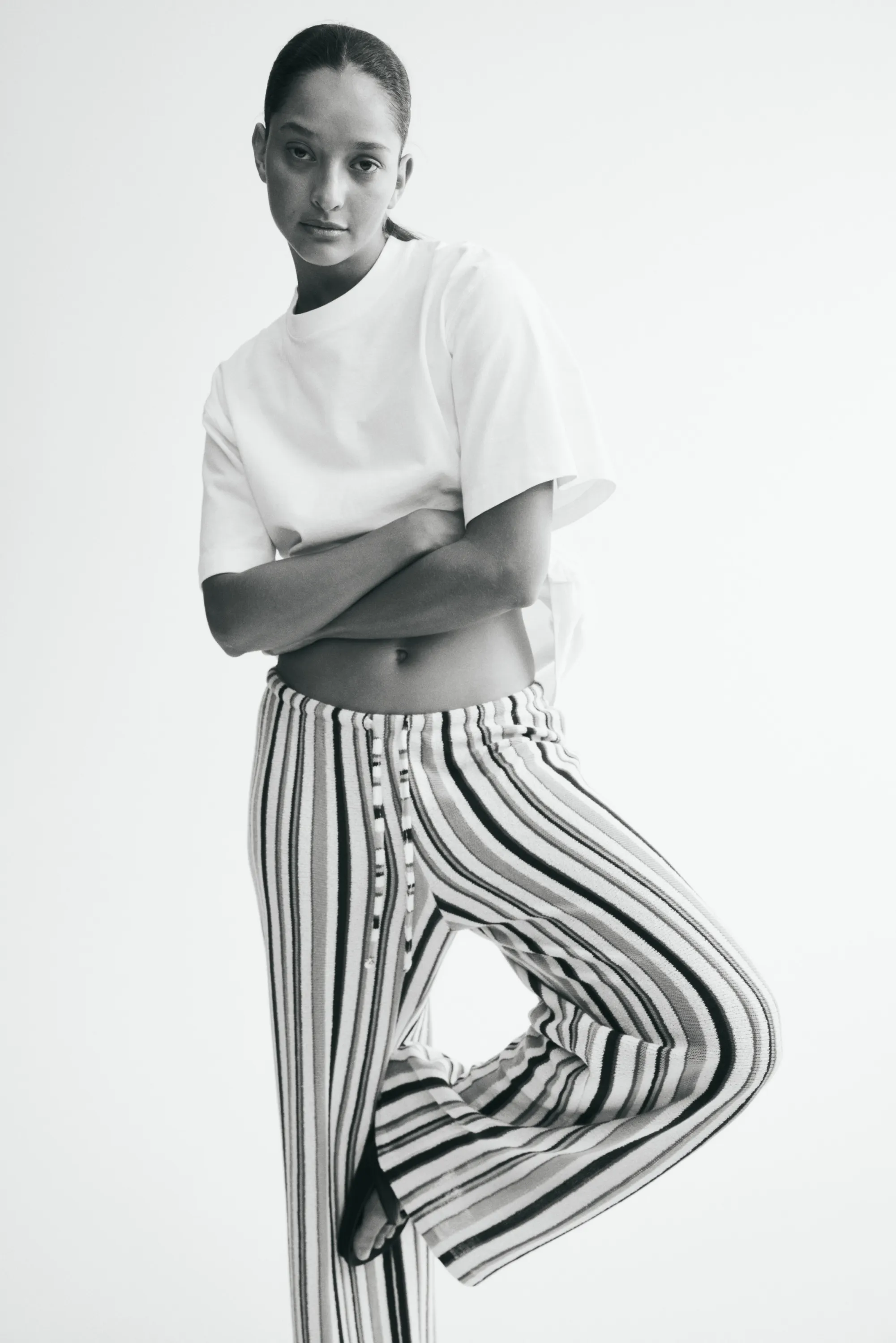 Pantalon à cordon en maille - Crème/rayé