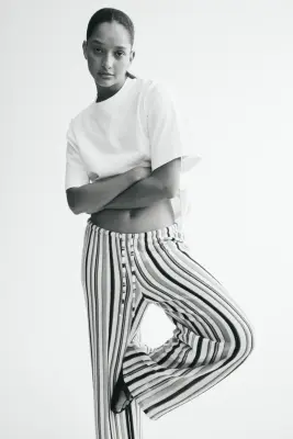 Pantalon à cordon en maille - Crème/rayé — photo 1