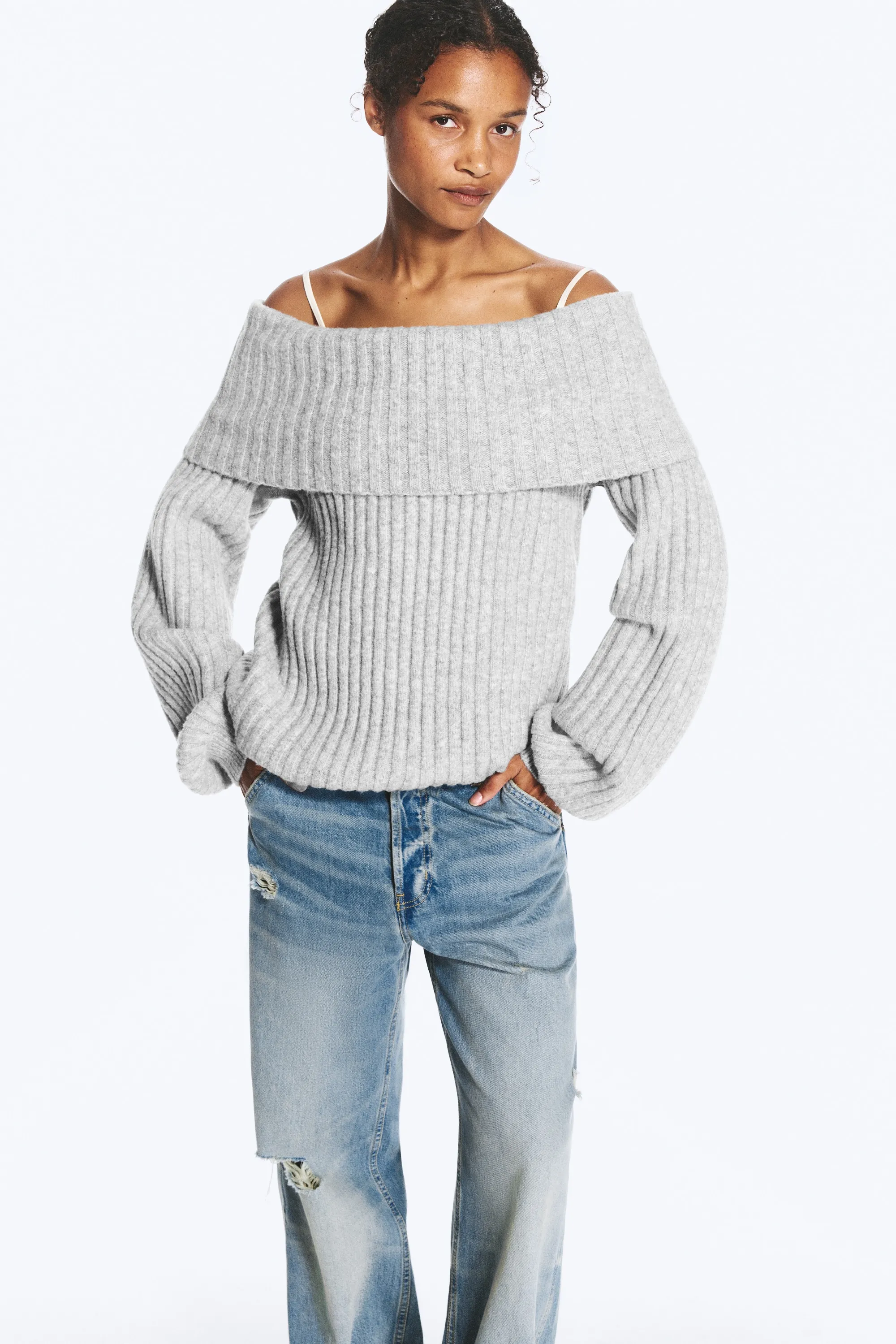 Pull côtelé à épaules dénudées - Gris chiné