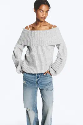 Pull côtelé à épaules dénudées - Gris chiné — photo 1