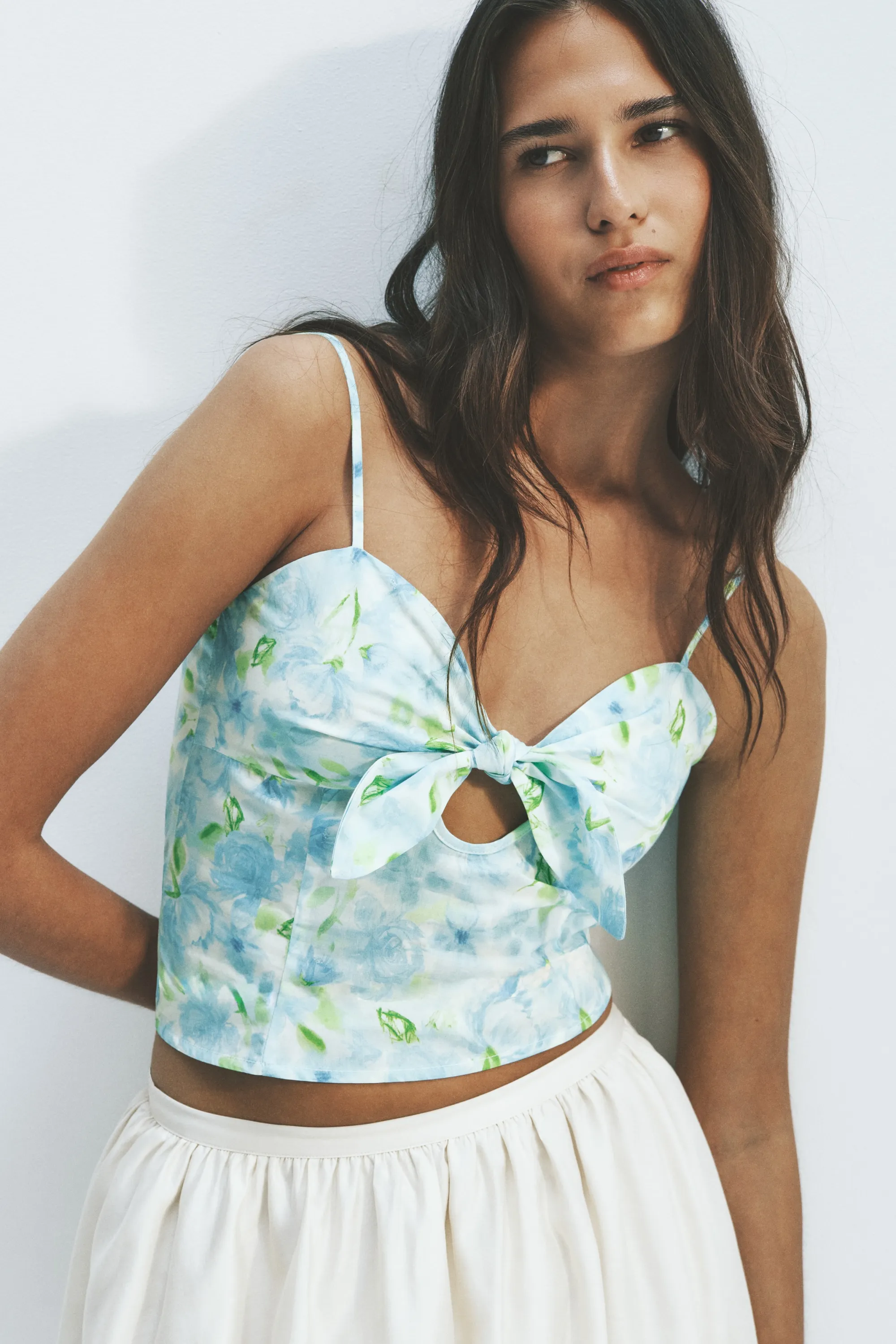 Top en popeline avec détail à nouer - Turquoise/fleuri