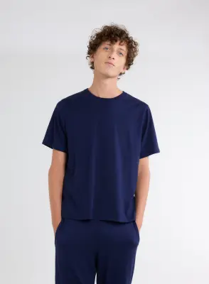 T-shirt Bleu Col Rond Manches Courtes en Coton Organique — photo 2