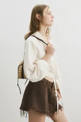 Short frangé en denim - Marron — photo 3