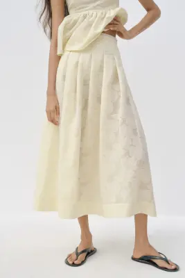 Jupe plissée en tissu jacquard - Jaune clair — photo 1
